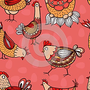 Seamless pattern with hand-drawn chickens and eggs