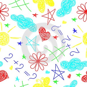 Seamless pattern with hand drawn in children style flowers, stars, hearts, sun, clouds, on white background