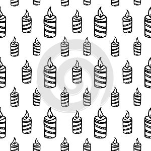 Seamless pattern hand drawn christmas candle. Doodle black sketch. Sign symbol. Decoration element. Isolated on white background.
