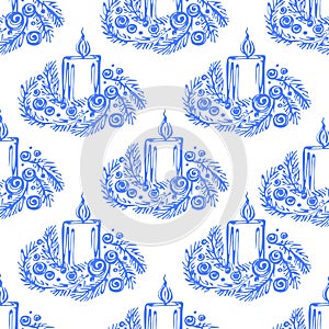 Seamless pattern with hand drawn Christmas candle on white background
