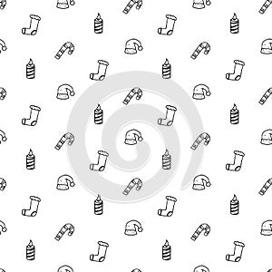 Seamless pattern hand drawn christmas hat, boot, candy, candle. Doodle black sketch. Sign symbol. Decoration element.