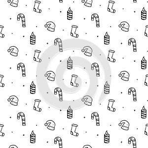Seamless pattern hand drawn christmas hat, boot, candy, candle.