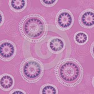 Seamless pattern with hand drawn circles, flowers and hearts. Ornate floral endless Hipster background.