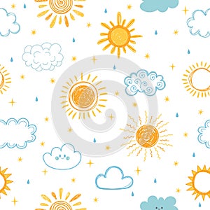 Seamless pattern with hand drawn clouds, stars, drops and sun. Doodle, sketch. Cute background for kids