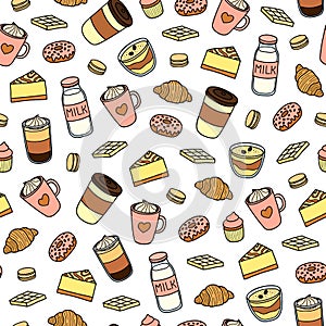 Seamless pattern with hand drawn coffee and desserts.