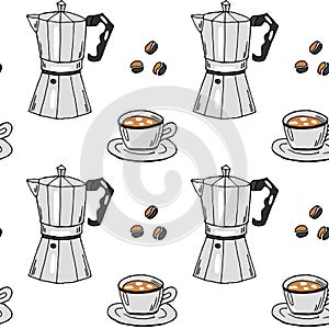 Seamless pattern, hand drawn coffee makers, coffee cups and coffee beans on a white background. Print, textile