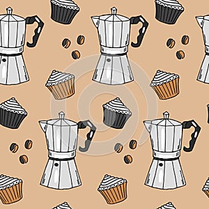 Seamless pattern, hand drawn coffee makers, cupcakes and coffee beans on a beige background. Print, textile