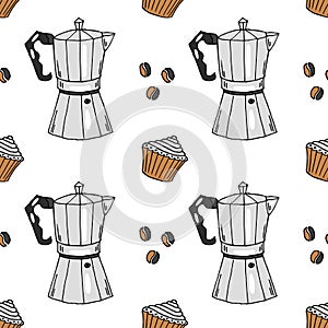 Seamless pattern, hand drawn coffee makers, cupcakes and coffee beans on a white background. Print, textile