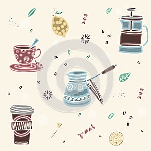 Seamless pattern of hand drawn coffee and tea doodles. A set of isolated vector drawings for tea drinking and making all