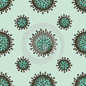 Seamless pattern with hand drawn colored coronavirus bacteria cell