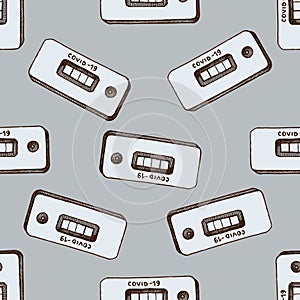 Seamless pattern with hand drawn colored coronavirus rapid test