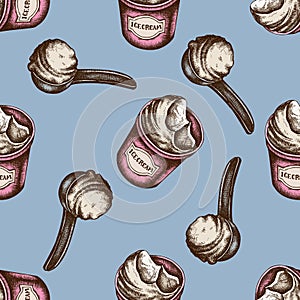 Seamless pattern with hand drawn colored ice cream bucket, ice cream scoop