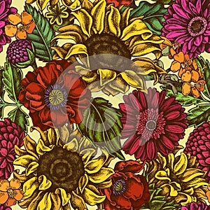Seamless pattern with hand drawn colored poppy flower, gerbera, sunflower, milkweed, dahlia