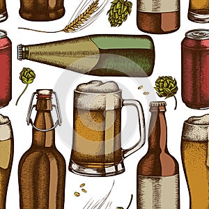 Seamless pattern with hand drawn colored rye, hop, mug of beer, bottles of beer, aluminum can
