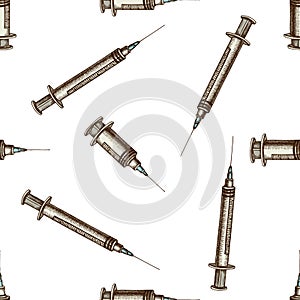 Seamless pattern with hand drawn colored syringe
