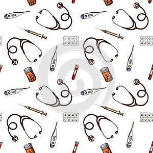 Seamless pattern with hand drawn colored vial of blood, pills and medicines, medical thermometer, stethoscope, syringe