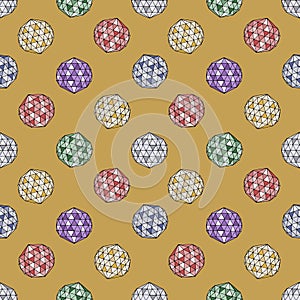 Seamless pattern with hand drawn colorful crystals on gold background