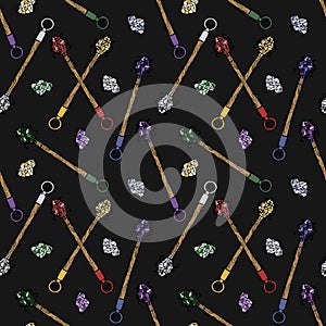 Seamless pattern with hand drawn colorful crystals and magic wands on black background.