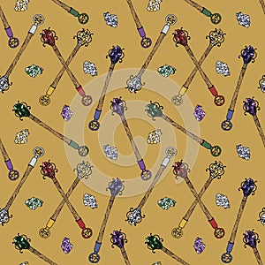 Seamless pattern with hand drawn colorful crystals and magic wands on gold background.