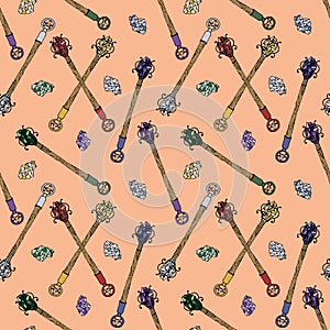 Seamless pattern with hand drawn colorful crystals and magic wands on pink background.