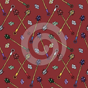 Seamless pattern with hand drawn colorful crystals and magic wands on red background.