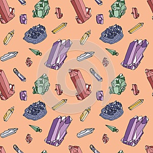 Seamless pattern with hand drawn colorful crystals and pendants on pink background.