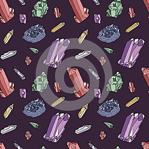 Seamless pattern with hand drawn colorful crystals and pendants on purple background.