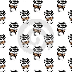 Seamless pattern hand drawn colorful cup of coffee. Doodle black sketch. Sign symbol. Decoration element. Isolated on white