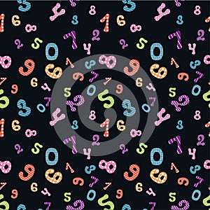 Seamless pattern with hand drawn colorful textured numbers on dark blue background.