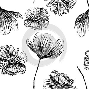 Seamless pattern with hand drawn cosmea flowers