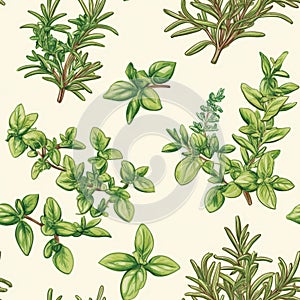 Seamless Pattern with Hand-Drawn Culinary Herbs Illustration