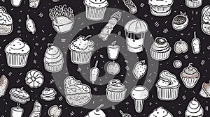 Hand drawn seamless pattern with cupcakes. Vector illustration