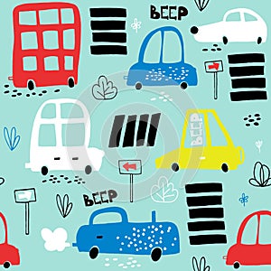 Seamless pattern with hand drawn cute car. Cartoon cars, road sign,zebra crossing illustration.Perfect for kids fabric,text