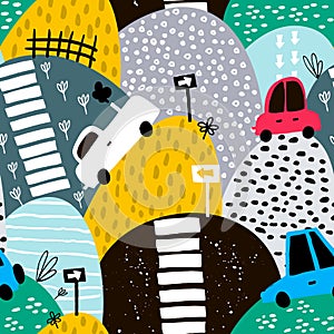 Seamless pattern with hand drawn cute car and hills. Cartoon cars, road sign, zebra crossing illustration. Perfect for kids