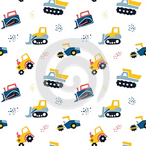 Seamless pattern with Hand drawn cute cars Truck, tractor, cargo crane, bulldozer, excavator.