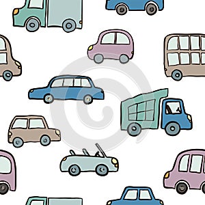 Seamless pattern of hand drawn cute cartoon cars for kids design. Vector illustration wrapping, package, poster, web design, kids