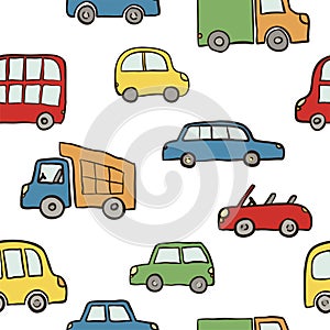 Seamless pattern of hand drawn cute cartoon cars for kids design. Vector illustration wrapping, package, poster, web design, kids