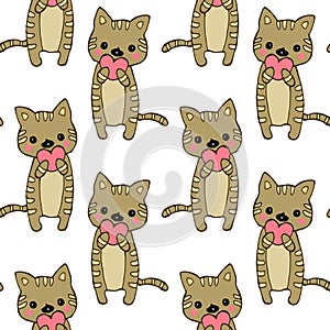 Seamless pattern, hand-drawn cute kittens hug a heart. Design for birthday and St. Valentines day greeting cards, textiles