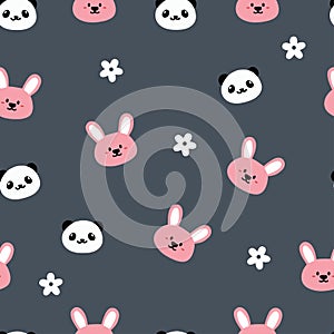 Seamless pattern hand drawn cute panda and rabbit with pastel background. for fabric print