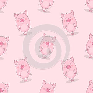 Seamless pattern of hand-drawn cute pigs on an isolated pink background. Vector illustration of piglets for New Year, prints, wrap