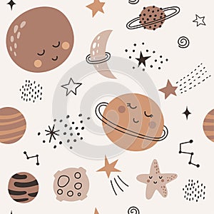 Seamless pattern with hand drawn cute planets, stars, space elements. Perfect for kids fabric, textile, nursery wallpaper. Vector