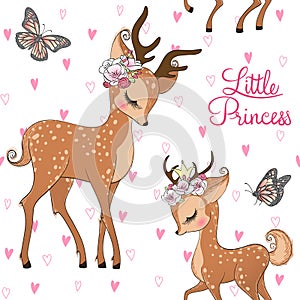 Seamless pattern with hand drawn cute, romantic, dreaming baby princess deer, fawn with floral wreath.