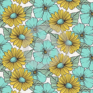 Seamless pattern with hand drawn daisies. Vector illustration