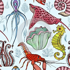 Seamless pattern with hand drawn deepwater living organisms