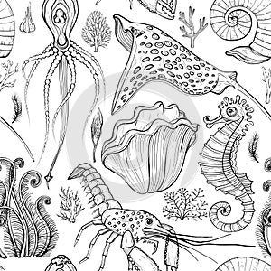Seamless pattern with hand drawn deepwater living organisms. Black and white