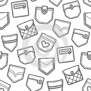 Seamless pattern with hand drawn denim patch pockets. Doodle vector illustration