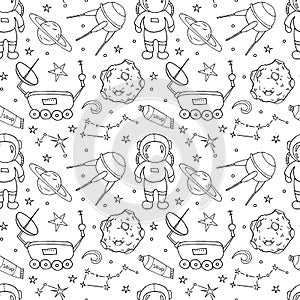 Seamless pattern with hand drawn different space objects.