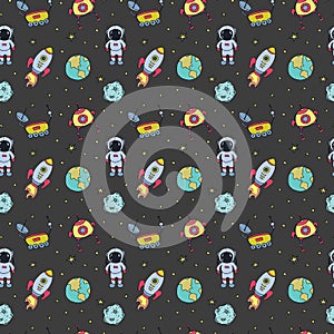 Seamless pattern with hand drawn different space objects
