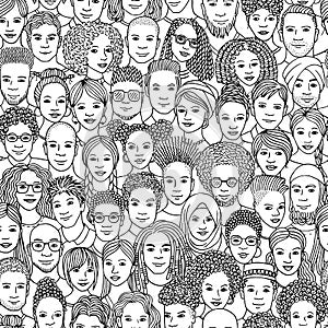 Seamless pattern of hand drawn, diverse faces