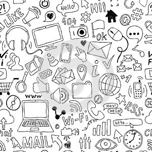Seamless pattern of hand drawn doodle cartoon objects and symbols on the Social Media theme.
